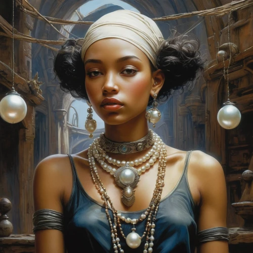 ancient egyptian girl,african american woman,cleopatra,fantasy portrait,black pearl,mystical portrait of a girl,adornments,beautiful african american women,pearl necklace,priestess,fantasy art,pearl necklaces,pearls,orientalism,black woman,african woman,jewelry（architecture）,afro-american,jewelry store,moorish,Illustration,Realistic Fantasy,Realistic Fantasy 06