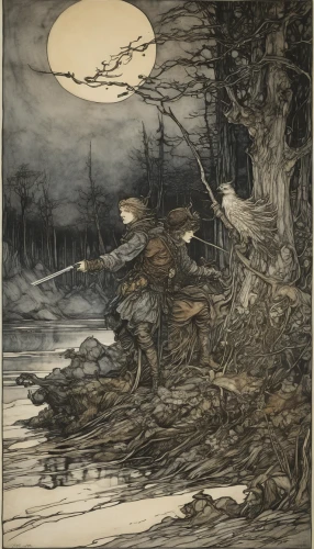 arthur rackham,kate greenaway,the pied piper of hamelin,woodsman,cool woodblock images,hunting scene,the night of kupala,vintage illustration,children's fairy tale,night scene,edward lear,forest workers,book illustration,forest man,game illustration,farmer in the woods,the wanderer,illustrations,hand-drawn illustration,fisher,Illustration,Retro,Retro 25