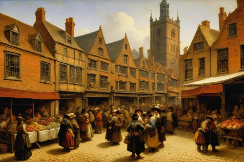 eastgate street chester,medieval market,the market,large market,bremen town musicians,delft,street scene,medieval street,marketplace,bremen,market place,flemish,the cobbled streets,kefermarkt,market,spice market,townscape,covered market,souk,merchant,Art,Classical Oil Painting,Classical Oil Painting 06