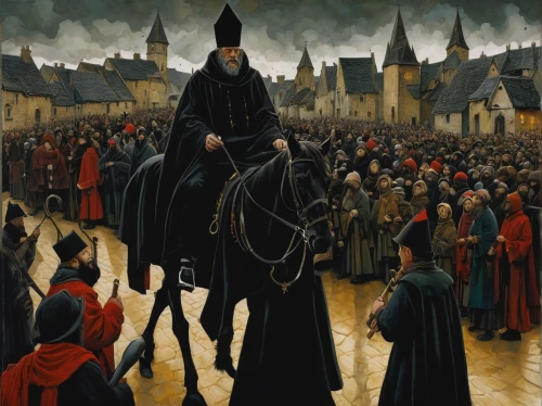 medieval market,procession,horseman,medieval,hamelin,man and horses,the pied piper of hamelin,the abbot of olib,zwartnek arassari,guy fawkes,hohenzollern,saint mark,the middle ages,camelot,the order of the fields,eulenspiegel,fête,middle ages,tudor,clergy,Illustration,Realistic Fantasy,Realistic Fantasy 29