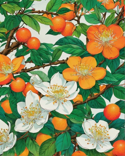 orange blossom,orange tree,apricots,fruit blossoms,orange floral paper,apricot flowers,tangerine fruits,peach tree,tangerine tree,fruit pattern,mandarin oranges,japanese floral background,kumquats,orange flowers,tangerines,calamondin,apple blossoms,apricot blossom,mandarin orange,apricot,Illustration,Japanese style,Japanese Style 04