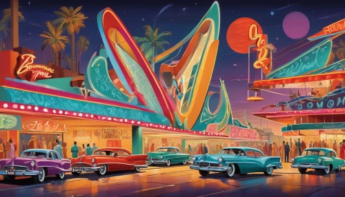 retro diner,ann margarett-hollywood,drive in restaurant,california adventure,drive-in,car hop,movie palace,drive-in theater,fifties,cinema strip,the disneyland resort,fox theatre,retro background,retro automobile,art deco background,austin cambridge,1950s,50s,hollywood,1960's,Illustration,Retro,Retro 12