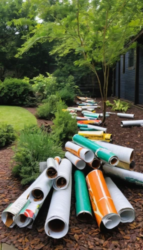 drainage pipes,canoes,japanese umbrellas,yoga mats,environmental art,sewer pipes,pipes,steel casing pipe,steel pipes,used lane floats,row of trees,water pipes,sake gardens,steel pipe,aileron,tubes,sleds,long table,landscape lighting,grove of trees,Unique,3D,Modern Sculpture