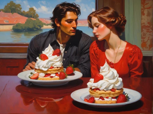 young couple,woman with ice-cream,woman holding pie,cream tea,sundaes,romantic portrait,as a couple,romantic scene,romantic dinner,honeymoon,pavlova,ice cream parlor,dinner for two,vintage man and woman,vintage boy and girl,courtship,couple,whipped cream,savoring,love couple,Conceptual Art,Fantasy,Fantasy 15