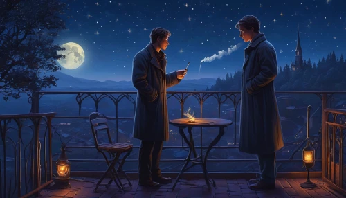 romantic scene,romantic night,romantic meeting,night scene,romantic dinner,moonlit night,romantic,evening atmosphere,romantic portrait,the moon and the stars,twilight,magical moment,moonlight,beautiful moment,sci fiction illustration,the night of kupala,fantasy picture,before the dawn,a fairy tale,overlook,Illustration,Realistic Fantasy,Realistic Fantasy 27