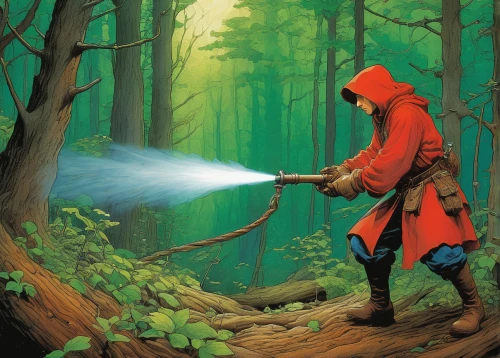 quarterstaff,red riding hood,hooded man,little red riding hood,robin hood,patrol,red coat,laser sword,woodsman,lightsaber,game illustration,aaa,sci fiction illustration,swordsmen,heroic fantasy,forest man,the wanderer,cleanup,red hood,red green,Illustration,Realistic Fantasy,Realistic Fantasy 04