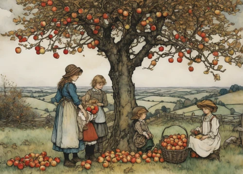 girl picking apples,kate greenaway,apple harvest,apple tree,cart of apples,apple trees,picking apple,basket of apples,apple orchard,orchard,apple picking,apple pair,orchards,apple jam,basket with apples,fruit tree,autumn fruit,red apples,mirabelle tree,glean,Illustration,Retro,Retro 25
