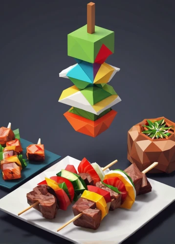 vegetable skewer,food presentation,toy blocks,brochette,food styling,hors' d'oeuvres,wooden blocks,hamburger set,wooden cubes,meat skewer,food collage,knife block,skewers,low-poly,game blocks,canapé,low poly,building blocks,food icons,food platter,Unique,3D,Low Poly