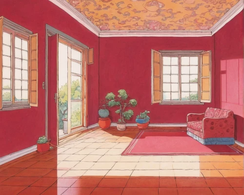 sitting room,danish room,livingroom,interiors,bedroom,house painting,the little girl's room,dandelion hall,checkered floor,living room,conservatory,red tablecloth,indoor,red place,red roof,bay window,rug,one room,apartment,warm colors,Illustration,Japanese style,Japanese Style 20