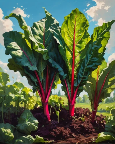 giant rhubarb,swiss chard,vegetables landscape,rhubarb,vegetable field,pak-choi,romaine,brassica,sugar beet,chinese cabbage,chard,red beets,cabbage leaves,rapini,picking vegetables in early spring,kohlrabi,radicchio,beet greens,kale,beet,Conceptual Art,Fantasy,Fantasy 06