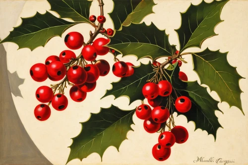 holly berries,american holly,holly wreath,laurel cherry,red berries,mistletoe berries,rosehip berries,ilex verticillataamerican winterberry,holly bush,holly leaves,rose hip berries,oregon cherry,cherry branch,mountain ash berries,rowanberry,red currants,cotoneaster,ornamental cherry,elder berries,cherries,Art,Classical Oil Painting,Classical Oil Painting 05