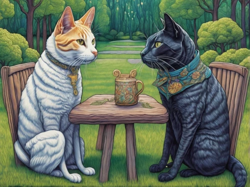 oktoberfest cats,two cats,cat's cafe,vintage cats,cat portrait,pet portrait,tea party cat,felines,cats,cat drinking tea,cat lovers,cats playing,whimsical animals,dinner for two,cat coffee,egyptian mau,cat family,kopi luwak,two friends,kittens,Illustration,Realistic Fantasy,Realistic Fantasy 41