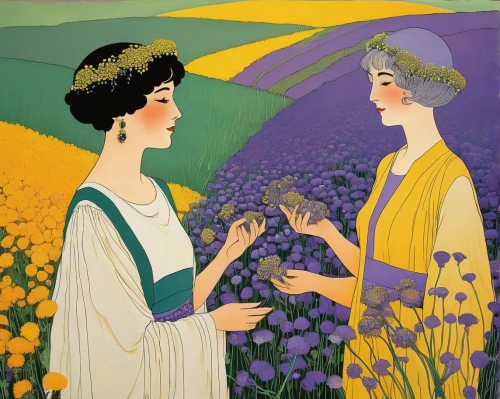 flowers of the field,valensole,picking flowers,the lavender flower,la violetta,holding flowers,jonquils,marguerite,field flowers,flowers field,jonquil,lilly of the valley,florists,tommie crocus,daffodils,flower painting,floral greeting,girl picking flowers,lily of the field,lavenders,Illustration,Retro,Retro 26