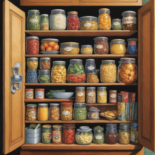 food storage,pantry,cupboard,food storage containers,storage cabinet,canned food,china cabinet,spice rack,preserved food,kitchen cabinet,storage-jar,jars,crate of vegetables,compartments,glass containers,cabinet,a drawer,cabinets,refrigerator,drawers,Illustration,Children,Children 03