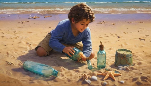 message in a bottle,ocean pollution,beachcombing,sand timer,itamar kazir,sandcastle,sand art,building sand castles,child playing,sand castle,oil painting on canvas,oil painting,abdel rahman,italian painter,plastic bottles,glass painting,plastic bottle,art painting,oil chalk,blue painting,Conceptual Art,Fantasy,Fantasy 13