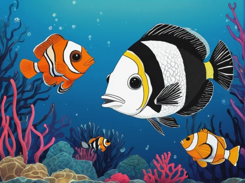 discus fish,anemone fish,ornamental fish,blue stripe fish,butterflyfish,coral reef fish,discus cichlid,clownfish,aquarium decor,two fish,amphiprion,aquarium inhabitants,porcupine fishes,lemon butterflyfish,cichlid,aquarium fish,butterfly fish,imperator angelfish,anemonefish,aquarium fish feed,Illustration,Children,Children 06