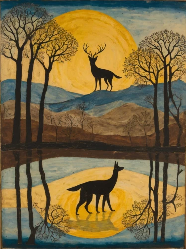 pere davids deer,deer illustration,howling wolf,hunting scene,animals hunting,animal silhouettes,forest animals,woodland animals,wolves,elk,deers,spring equinox,two wolves,hunting dogs,fox and hare,carol colman,david bates,stag,folk art,young-deer,Art,Artistic Painting,Artistic Painting 47