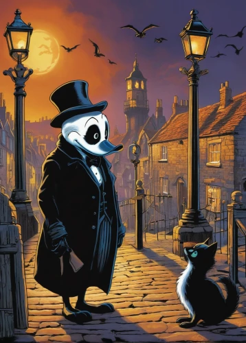 tux,whitby goth weekend,figaro,tuxedo,tuxedo just,glasses penguin,anthropomorphized animals,de ville,the carnival of venice,penguin parade,penguin couple,penguin,big penguin,detective,halloween illustration,night scene,penguin enemy,game illustration,whimsical animals,phantom,Illustration,Retro,Retro 18