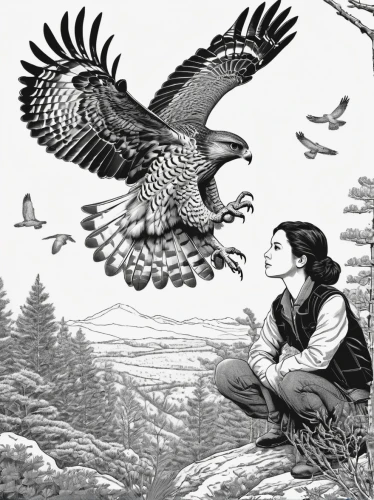 eagle illustration,mountain hawk eagle,falconer,falconry,young hawk,hawk animal,gray eagle,bird bird-of-prey,gryphon,flower and bird illustration,of prey eagle,eagle scout,harris's hawk,mongolian eagle,book illustration,flying hawk,bird illustration,hawk - bird,illustration,peregrine falcon,Illustration,Black and White,Black and White 16