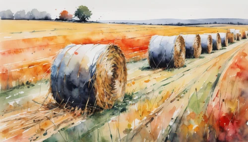 round bales,hay bales,straw bales,farm landscape,bales of hay,wheat field,wheat grasses,wheat crops,round straw bales,grain field,stubble field,straw field,rural landscape,wheat fields,hay stack,fall landscape,bales,autumn landscape,haymaking,field of cereals,Illustration,Paper based,Paper Based 20