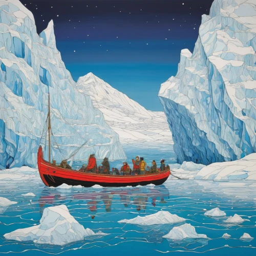 ice boat,antarctic,ice floe,arctic ocean,north pole,antartica,ice floes,sea ice,greenland,icebergs,boat landscape,iceberg,ice landscape,arctic antarctica,nordland,baffin island,south pole,antarctica,sailing-boat,waterglobe,Illustration,Japanese style,Japanese Style 16