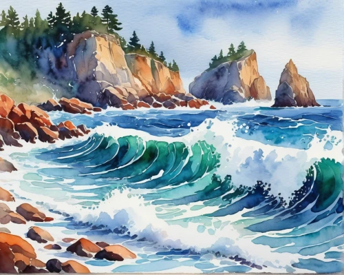 coastal landscape,beach landscape,sea landscape,watercolor background,rocky coast,seascape,ocean waves,watercolor,cliffs ocean,watercolor painting,seascapes,landscape with sea,crashing waves,pacific coastline,mountain beach,maine,rocky beach,cliff beach,watercolor paint,coast line,Illustration,Paper based,Paper Based 25