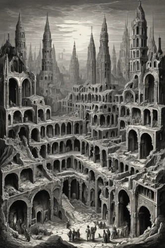 destroyed city,the ruins of the,ancient city,dante's inferno,constantinople,panopticon,coliseum,ghost castle,ruins,necropolis,coliseo,the ruins of the palace,escher,mandelbulb,ruin,post-apocalyptic landscape,city cities,gothic architecture,hall of the fallen,desolation,Illustration,Retro,Retro 24