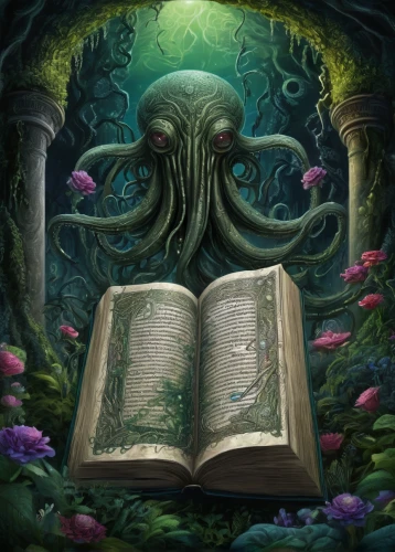 magic grimoire,magic book,kraken,octopus,spiral book,cuthulu,library book,sci fiction illustration,tentacles,bookworm,mystery book cover,open book,game illustration,fantasy art,a book,cephalopod,tree of life,read a book,hymn book,the books,Illustration,Realistic Fantasy,Realistic Fantasy 47