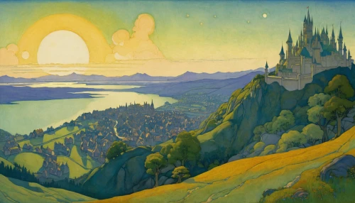 panoramical,jrr tolkien,travel poster,1925,1926,yamnuska,art nouveau,1921,braque d'auvergne,1929,neuschwanstein,panoramic landscape,volga,gobelin,fjord,transilvania,art nouveau design,northrend,fantasia,background image,Illustration,Retro,Retro 07