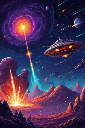 space art,cg artwork,sci fiction illustration,world digital painting,spacescraft,vast,alien world,ufos,ufo,andromeda,space ships,fire planet,meteor,futuristic landscape,alien planet,planet alien sky,galaxy collision,spaceships,vulcania,space voyage,Unique,Pixel,Pixel 05