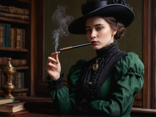 victorian lady,victorian style,victorian fashion,the victorian era,pipe smoking,victorian,cigarette girl,victoria smoking,vintage woman,smoking girl,jane austen,vintage female portrait,girl in a historic way,green smoke,librarian,the hat of the woman,suffragette,women's novels,stovepipe hat,vintage women,Conceptual Art,Oil color,Oil Color 12
