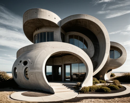 dunes house,futuristic architecture,modern architecture,cubic house,helix,crooked house,archidaily,arhitecture,futuristic art museum,jewelry（architecture）,house of the sea,pigeon house,circular staircase,kirrarchitecture,architecture,concrete construction,exposed concrete,winding staircase,architectural,outdoor structure