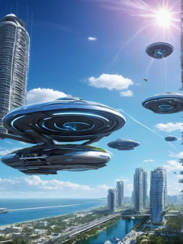 sky space concept,futuristic landscape,futuristic architecture,ufos,ufo intercept,futuristic,ufo,alien invasion,airships,flying objects,utopian,smart city,prospects for the future,sky city,flying saucer,drones,solar cell base,unidentified flying object,scifi,saucer,Illustration,American Style,American Style 02