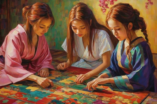 oil painting on canvas,kimono fabric,oil painting,fabric painting,children studying,chinese art,mahjong,oriental painting,korean culture,ladies group,flower painting,khokhloma painting,young women,luo han guo,art painting,choi kwang-do,meticulous painting,japanese art,jigsaw puzzle,cao lầu,Illustration,Realistic Fantasy,Realistic Fantasy 30