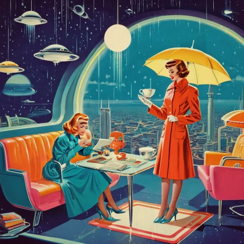 atomic age,vintage illustration,retro diner,sci fiction illustration,saucer,retro women,retro 1950's clip art,fifties,astronomers,ufo interior,vintage man and woman,science-fiction,science fiction,teacups,astronomer,women at cafe,diner,retro woman,retro lampshade,flying saucer,Conceptual Art,Sci-Fi,Sci-Fi 29