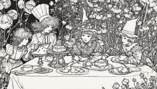 gnomes at table,arthur rackham,tea party,alice in wonderland,hand-drawn illustration,book illustration,celebration of witches,children's fairy tale,garden party,wild strawberries,hans christian andersen,fairy tales,thirteen desserts,food table,witch's house,kate greenaway,cake buffet,the pied piper of hamelin,fairytale characters,a party,Illustration,Retro,Retro 25