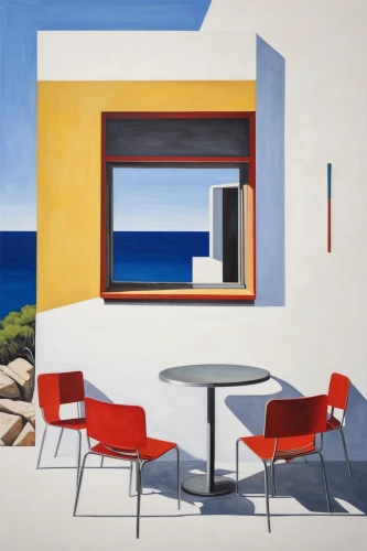 breakfast table,mid century modern,breakfast room,beach restaurant,matruschka,dunes house,beach furniture,contemporary,table and chair,mid century,dining table,outdoor table and chairs,dining room,a restaurant,mondrian,patio furniture,sicily window,italian painter,french windows,beach hut,Art,Artistic Painting,Artistic Painting 44