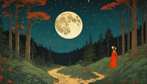 moonlit night,sci fiction illustration,the night of kupala,full moon day,moon phase,forest of dreams,moon addicted,moons,hanging moon,full moon,the mystical path,the path,big moon,moonlit,moonrise,moon night,moonbeam,moon walk,the moon,moon,Illustration,Retro,Retro 11