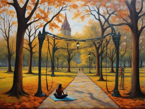 autumn park,autumn in the park,autumn idyll,autumn landscape,golden swing,empty swing,the autumn,autumn background,one autumn afternoon,oil painting on canvas,park bench,autumn walk,walk in a park,autumn day,autumn scenery,fall landscape,central park,hanging swing,swing set,tree with swing,Illustration,Realistic Fantasy,Realistic Fantasy 34