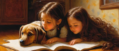 children studying,little girl reading,child with a book,oil painting on canvas,little boy and girl,tutor,oil painting,girl studying,readers,girl with dog,children drawing,art painting,childrens books,little girl and mother,kennel club,companion dog,little girls,reading,two girls,puppy pet,Illustration,Realistic Fantasy,Realistic Fantasy 03