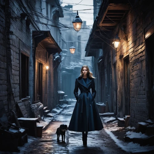 black coat,medieval street,alley,woman walking,long coat,overcoat,girl with dog,girl walking away,old linden alley,girl in a historic way,alleyway,the snow queen,narrow street,photoshop manipulation,winterblueher,photomanipulation,photo manipulation,alley cat,fantasy picture,the cobbled streets,Photography,Fashion Photography,Fashion Photography 12