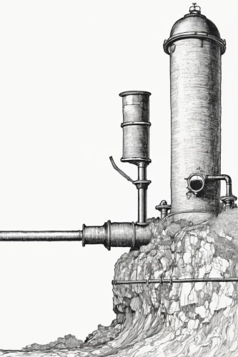 cannon oven,water pump,water well,boiler,wind powered water pump,standpipe,distillation,charcoal kiln,fire fighting water supply,water tank,salt mill,water supply,camera illustration,waste water system,pumping station,hydropower plant,chimney pipe,the production of the beer,scientific instrument,separator,Illustration,Black and White,Black and White 24