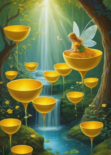 yellow cups,fairies aloft,bird bath,elves flight,pedalos,flying seeds,lily pads,fairy forest,fantasy picture,mushroom landscape,mushroom island,fairy world,water lotus,angel's trumpets,yellow mushroom,teacups,angel trumpets,rubber ducks,abundance,fairies,Illustration,Realistic Fantasy,Realistic Fantasy 26