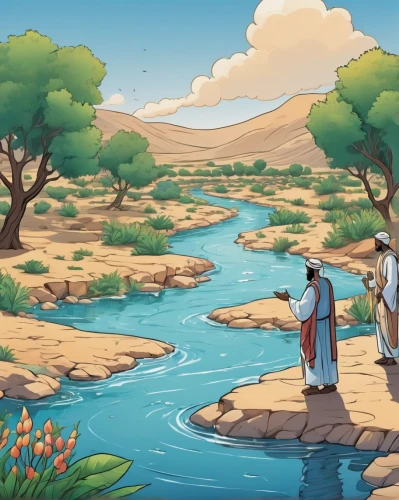 jordan river,fetching water,river of life project,genesis land in jerusalem,baptism of christ,water supply,oasis,low water crossing,monks,biblical narrative characters,river landscape,water resources,garp fish,fresh water,water game,pilgrims,water hole,moses,nile river,water spring,Illustration,Japanese style,Japanese Style 07