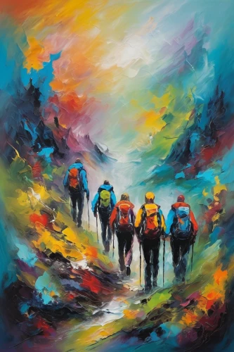 the descent to the lake,pilgrims,oil painting on canvas,ultramarathon,hikers,trekking,painting technique,oil painting,kayaks,canyoning,trekking poles,adventure racing,art painting,mountaineers,mount everest,rescue workers,fishermen,migration,mountain guide,travelers,Conceptual Art,Oil color,Oil Color 20
