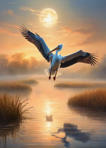 crane bird flying,migratory bird,stork,dalmatian pelican,white pelican,water bird,great white pelican,bird flying,bird in flight,bird painting,migratory birds,aquatic bird,sea swallow,waterbird,eastern white pelican,bird flight,seagull in flight,wading bird,flying bird,constellation swan,Illustration,Realistic Fantasy,Realistic Fantasy 01