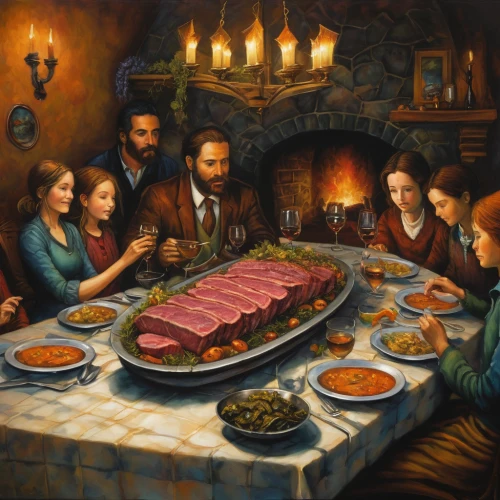 last supper,family dinner,dinner party,holy supper,thanksgiving dinner,pesach,jewish cuisine,christmas dinner,happy kwanzaa,christ feast,thanksgiving,passover,christmas food,thanksgiving table,long table,happy thanksgiving,herring family,thanksgiving background,feast,hannukah,Illustration,Realistic Fantasy,Realistic Fantasy 34