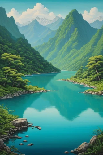 landscape background,river landscape,mountainous landscape,lake tanuki,an island far away landscape,mountain landscape,japan landscape,cartoon video game background,mountain scene,mountainlake,nature landscape,mountain lake,beautiful lake,japanese mountains,beautiful landscape,japanese alps,fantasy landscape,the natural scenery,alpine lake,high landscape,Illustration,Paper based,Paper Based 26