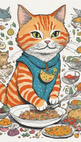oktoberfest cats,placemat,tea party cat,cat vector,cat food,étouffée,caterer,lentil soup,watercolor cat,food collage,pumpkin soup,red tabby,scrapbook clip art,domestic cat,pet food,thanksgiving background,tablecloth,fall animals,seamless pattern,moqueca,Illustration,Japanese style,Japanese Style 16
