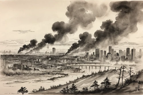 destroyed city,the pollution,pollution,city in flames,environmental pollution,post-apocalyptic landscape,environmental destruction,the conflagration,matruschka,apocalyptic,apocalypse,air pollution,environmental disaster,verdun,july 1888,environment pollution,tianjin,industrial smoke,industrial landscape,first world war,Illustration,Paper based,Paper Based 30